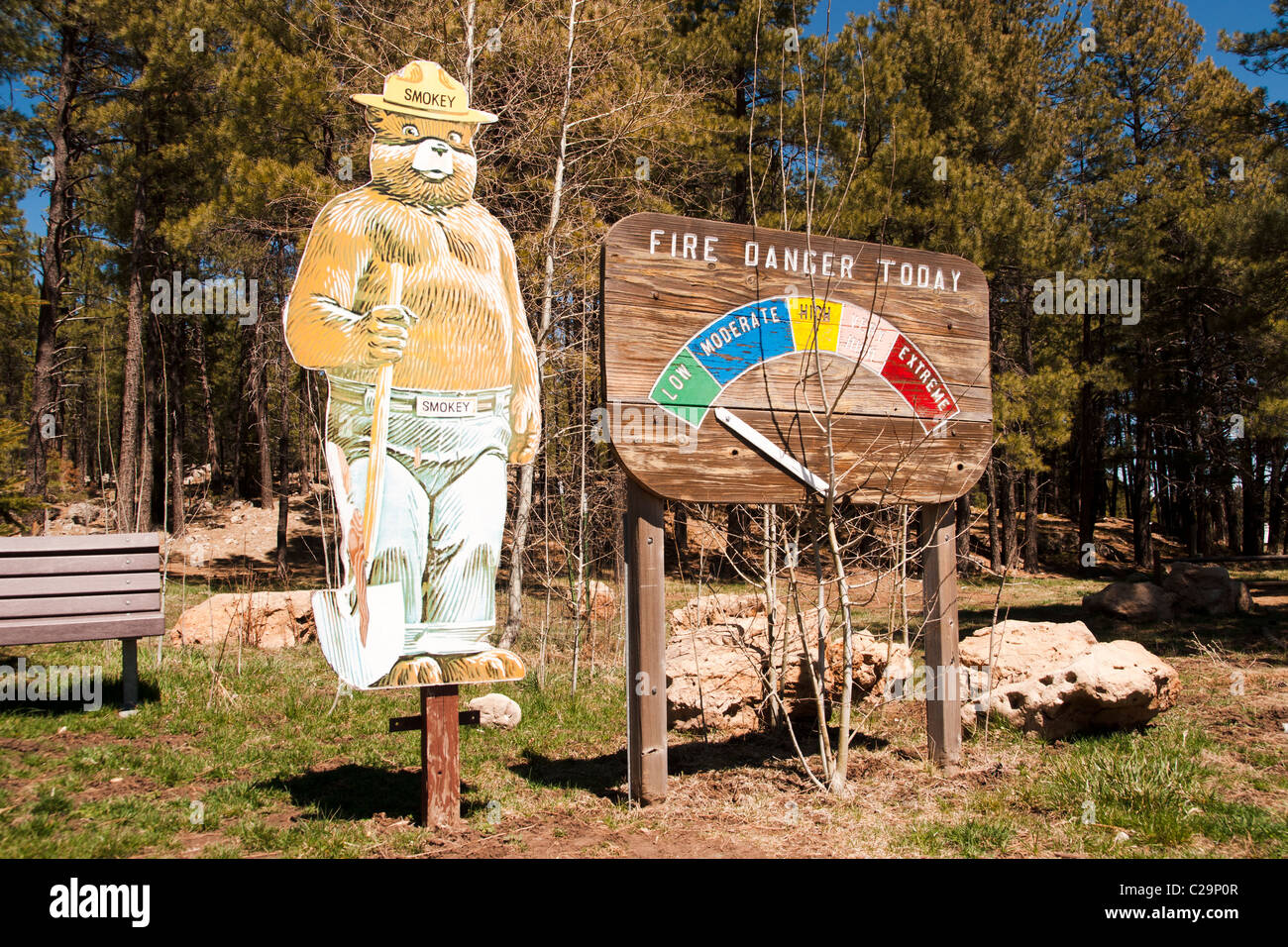 Smokey Bear fire danger sign. Clints Well, Coconino National Forest, Arizona, United States. Stock Photo