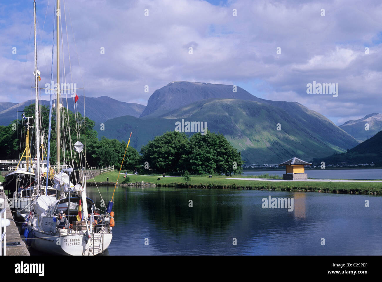 Corfach Harbour and Ben Nevis, Scotland Scottish mountain mountains UK Loch Eil lochs boat boats yacht yachts harbours Stock Photo
