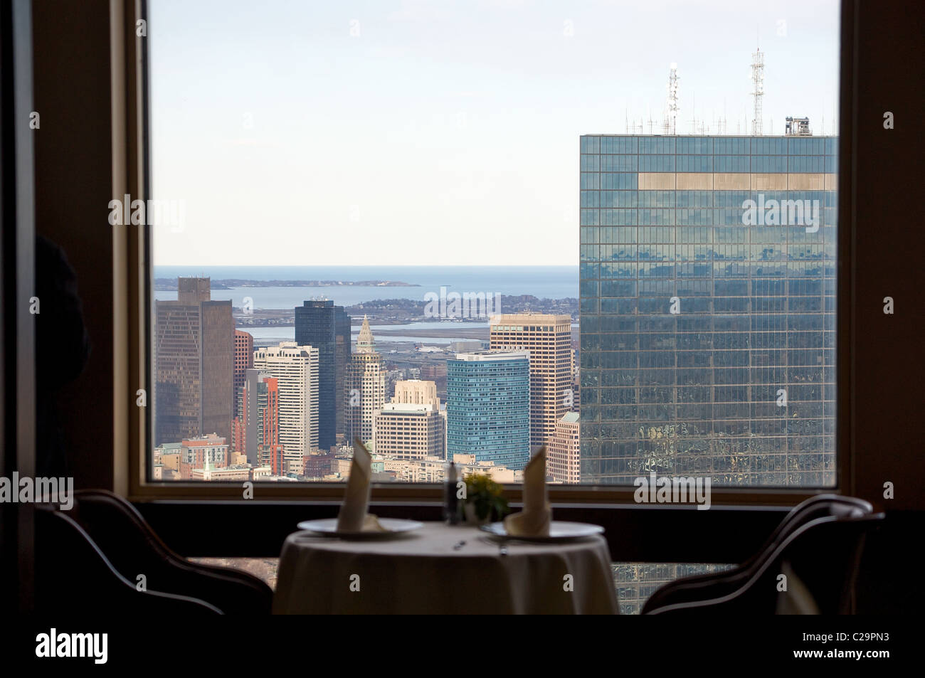 The view from a table in the Top of the Hub restaurant, in Boston