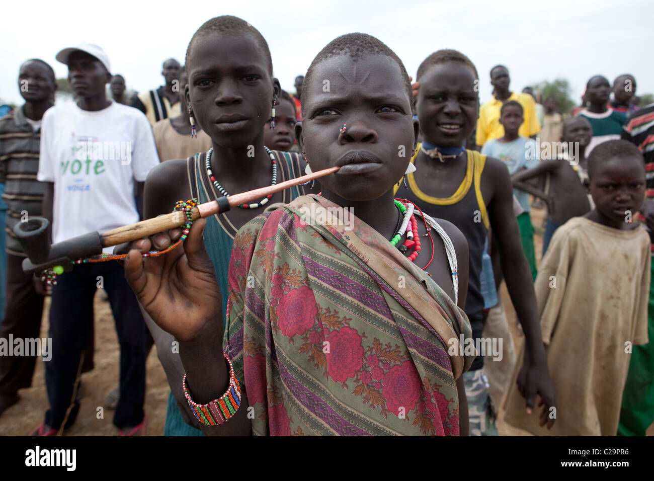 Young sudaneses from the Toposa tribe, an ethnic group in Eastern Equatoria, South Sudan. Stock Photo