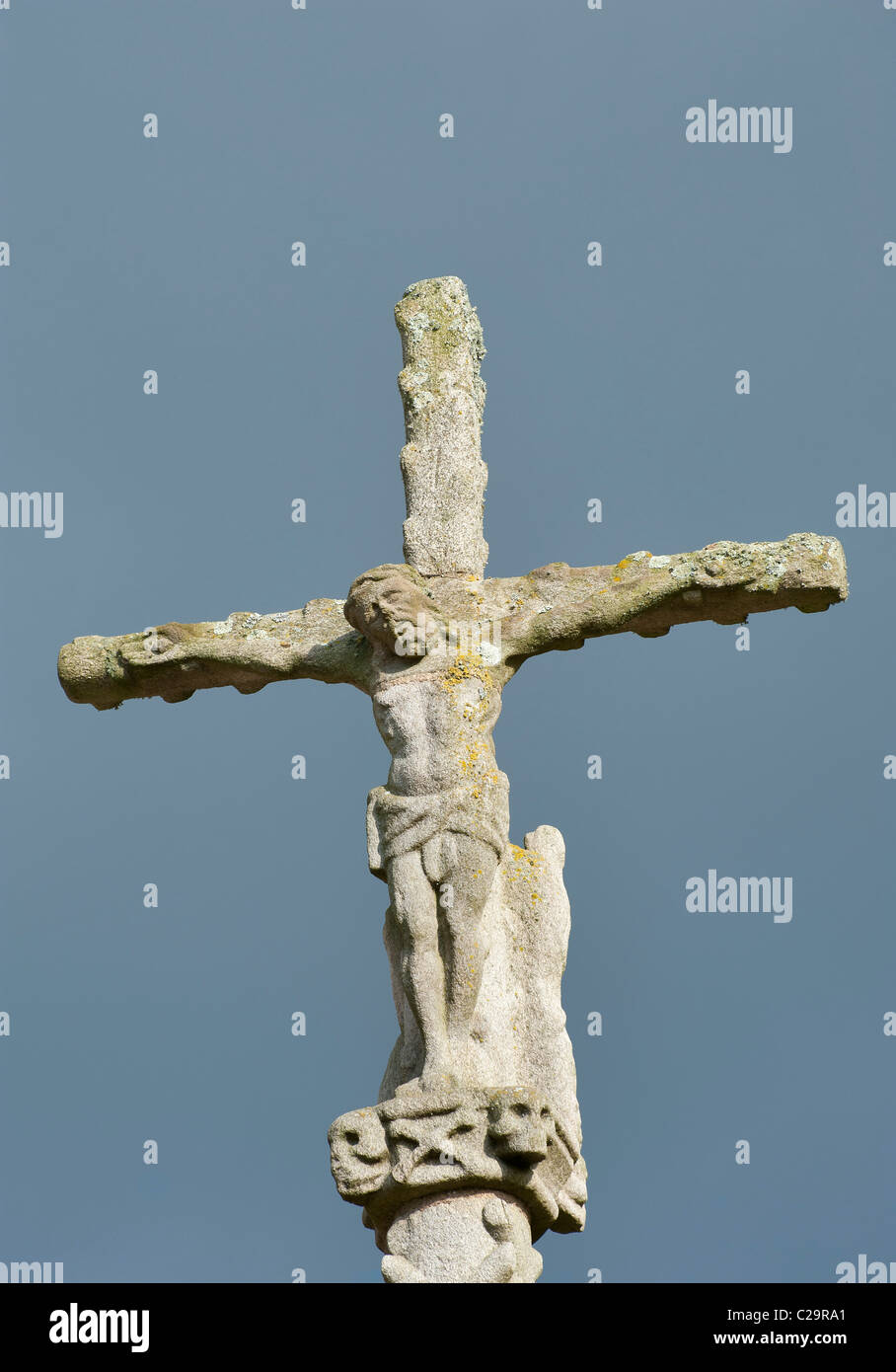 Jesus on the cross , détail of  Guéhenno (56420) Calvary ,  Morbihan, Brittany, France, Europe. Build in 1550 by F.Guillonic Stock Photo