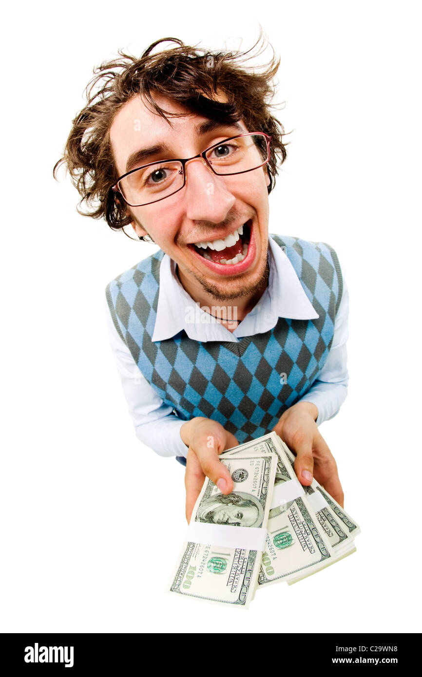 A tousled cheerful man holding dollar batches Stock Photo
