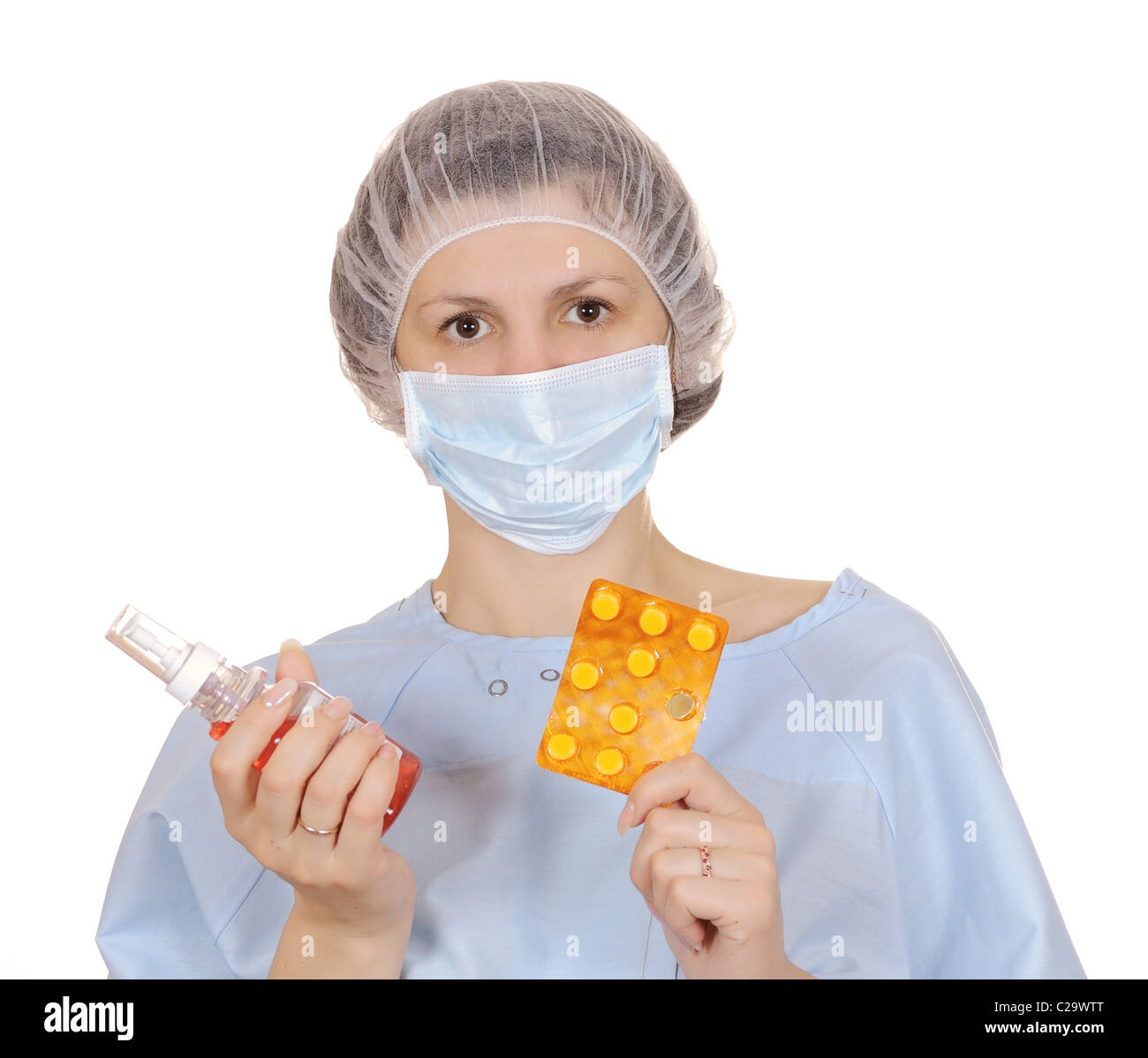 The woman in a medical mask isolated on white background Stock Photo ...