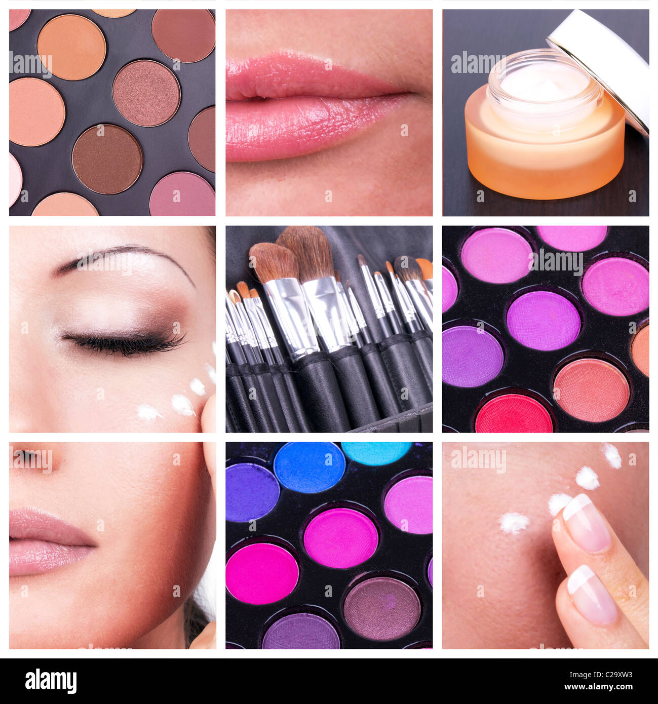 Collage with woman and make-up tools Stock Photo