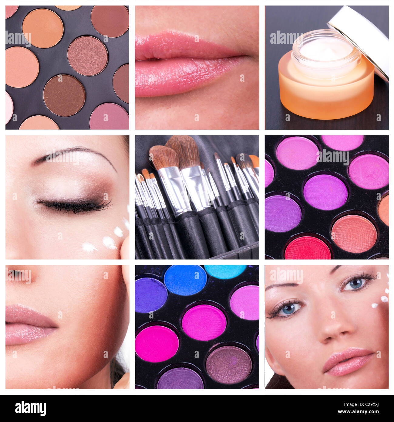 Collage with woman and make-up tools Stock Photo