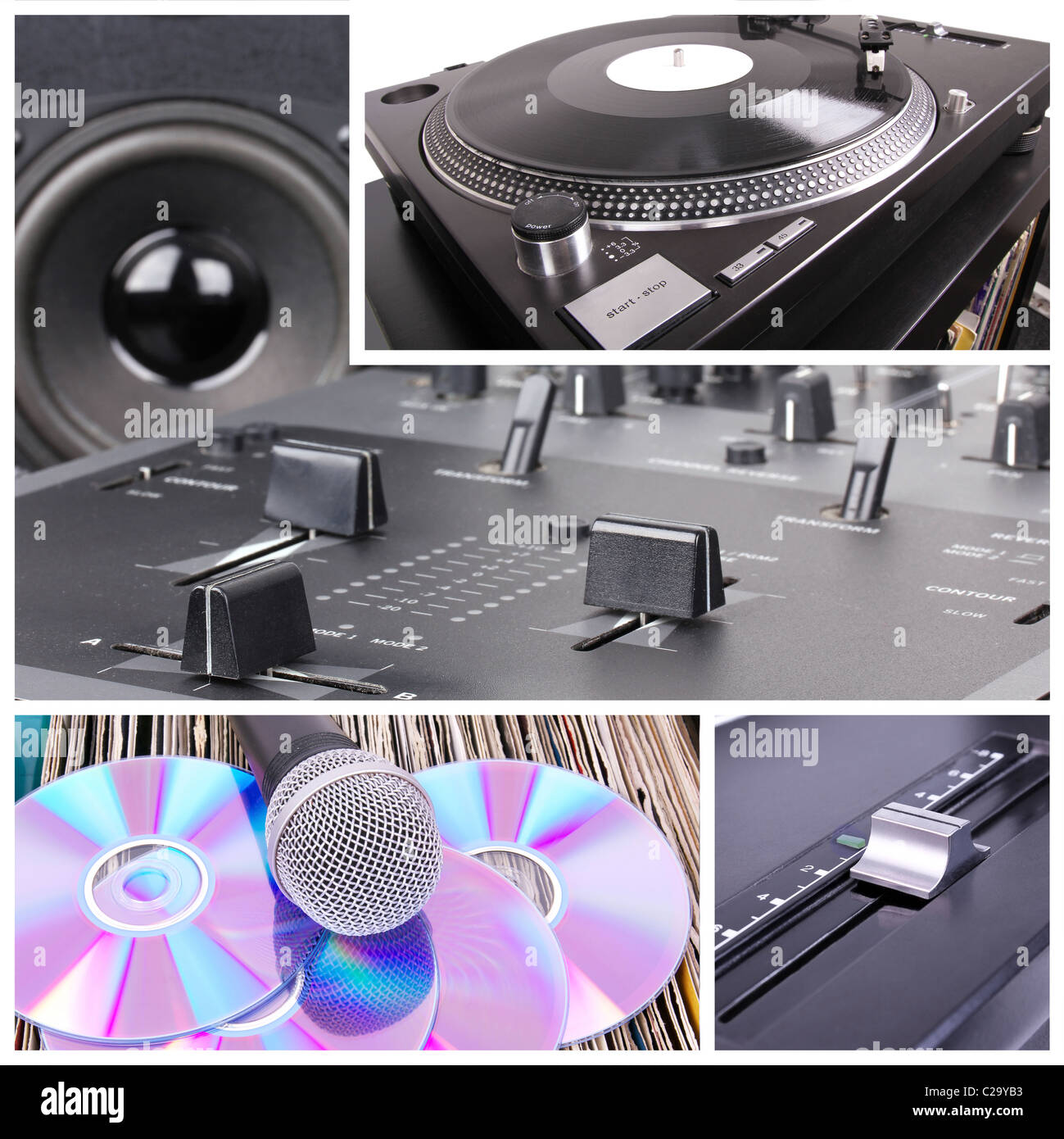 Dj tools collage. Turntable, mixer and vinyl records Stock Photo Alamy