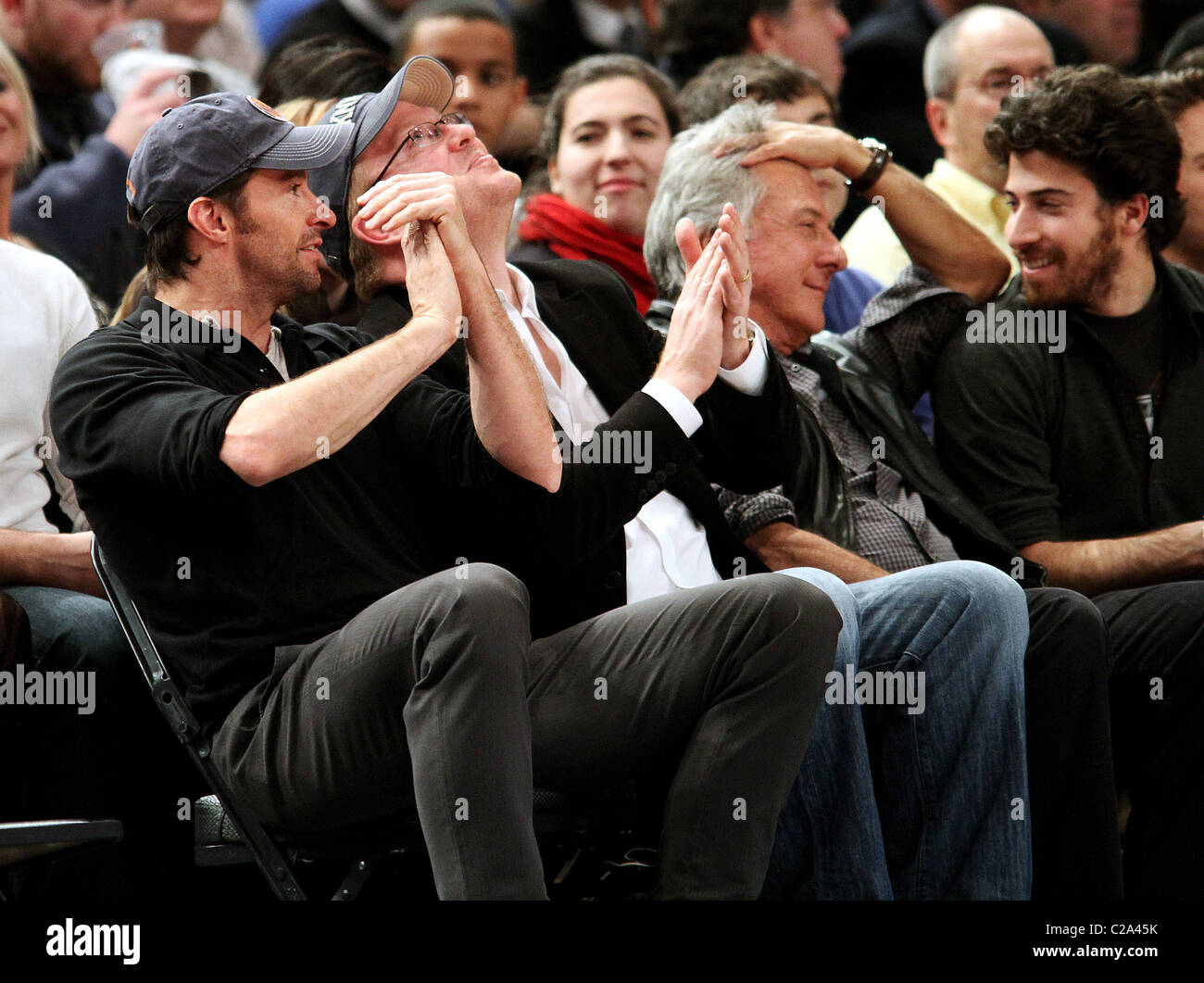 Hugh Jackman, guest, Dustin Hoffman and son Jake Hoffman at The New