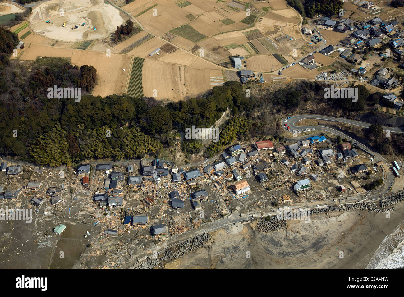 Aerial photo taken March 13 2011 of damage to Iwaki, Fukushima Prefecture, Japan, showing the devastation caused by the Stock Photo