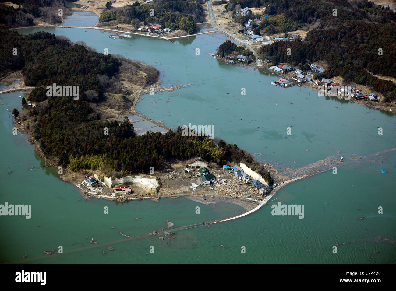 Aerial photo taken March 13 2011 of damage to Minamisoma, Fukushima Prefecture, Japan, showing the devastation caused by the Stock Photo