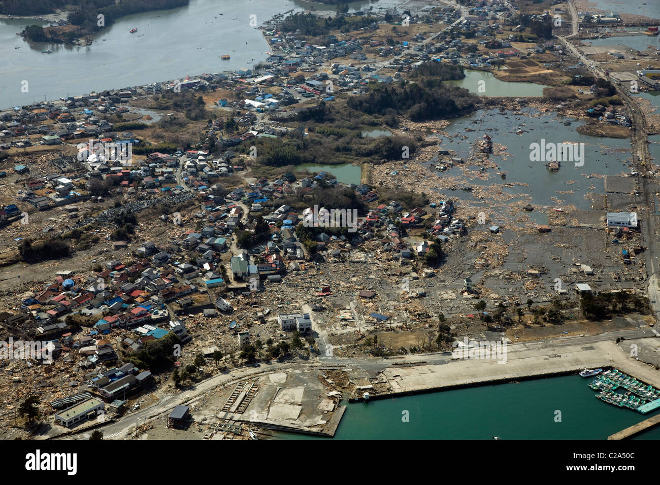 Aerial photo taken March 13 2011 of damage to Soma, Fukushima Prefecture after a 9. 0 magnitude earthquake and subsequent Stock Photo