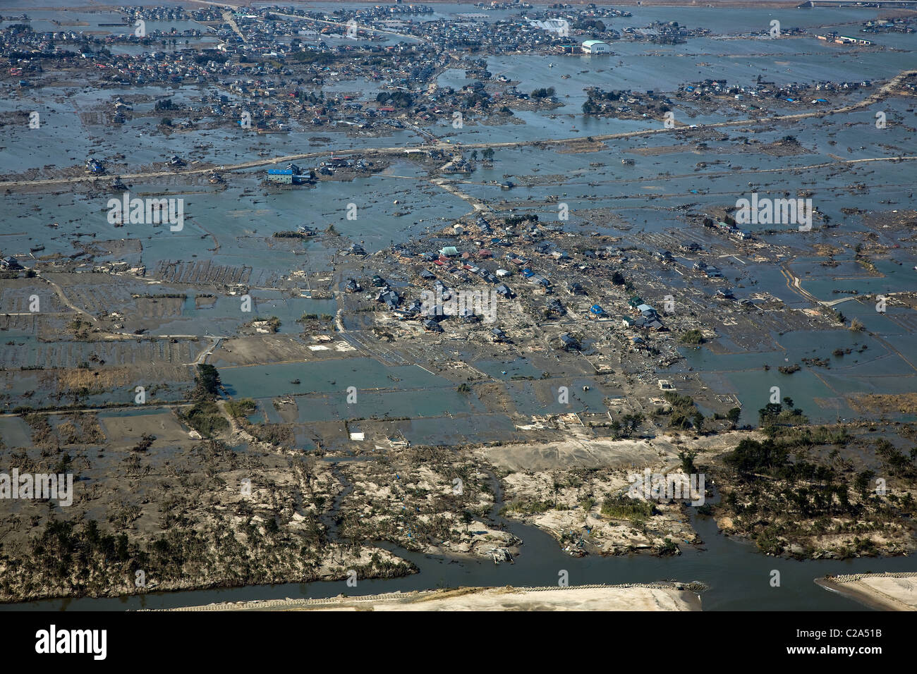 Aerial view taken March 13 2011 of damage to Watari District, Miyagi Prefecture after a 9. 0 magnitude earthquake and Stock Photo