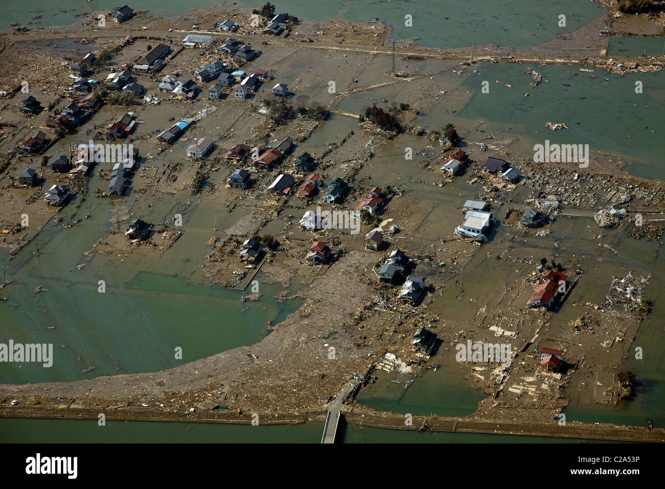 Aerial view of devastation caused by the earthquake and the tsunami that followed the March 11 magnitude 9 quake, Miyagi Stock Photo