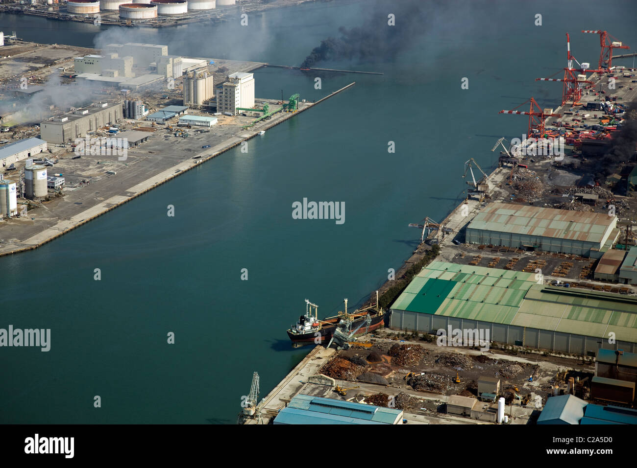 Aerial photo taken March 13 2011 of  ship  washed ashore in Sendai Shiogama Port, Sendai, Miyagi Prefecture after a 9. 0 Stock Photo