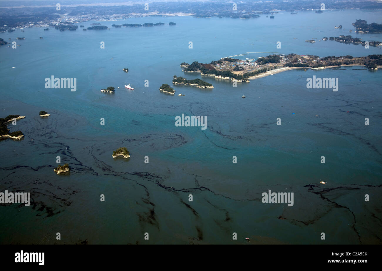 Aerial view of oil spilled Matsushima Bay and stranded ships in Shiogama, Miyagi Prefecture after a 9. 0 magnitude earthquake Stock Photo