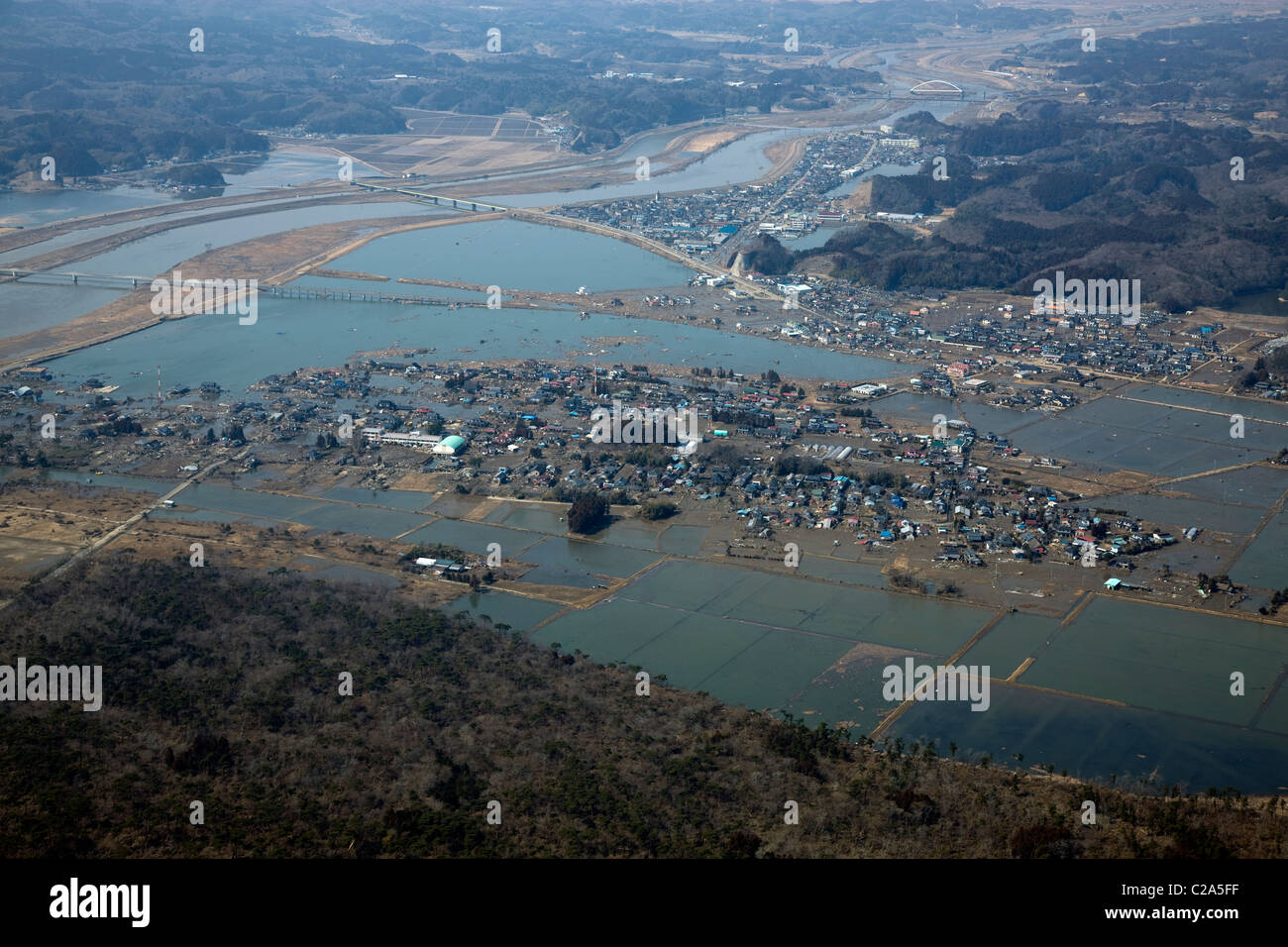 Aerial view of damage to Higashimatsushima, Miyagi Prefecture after a 9. 0 magnitude earthquake and subsequent tsunami Stock Photo