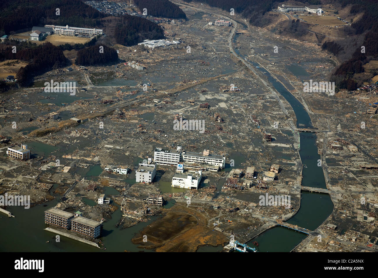Aerial view of Minamisanriku, Miyagi Prefecture after a 9. 0 magnitude earthquake and subsequent tsunami devastated the area in Stock Photo