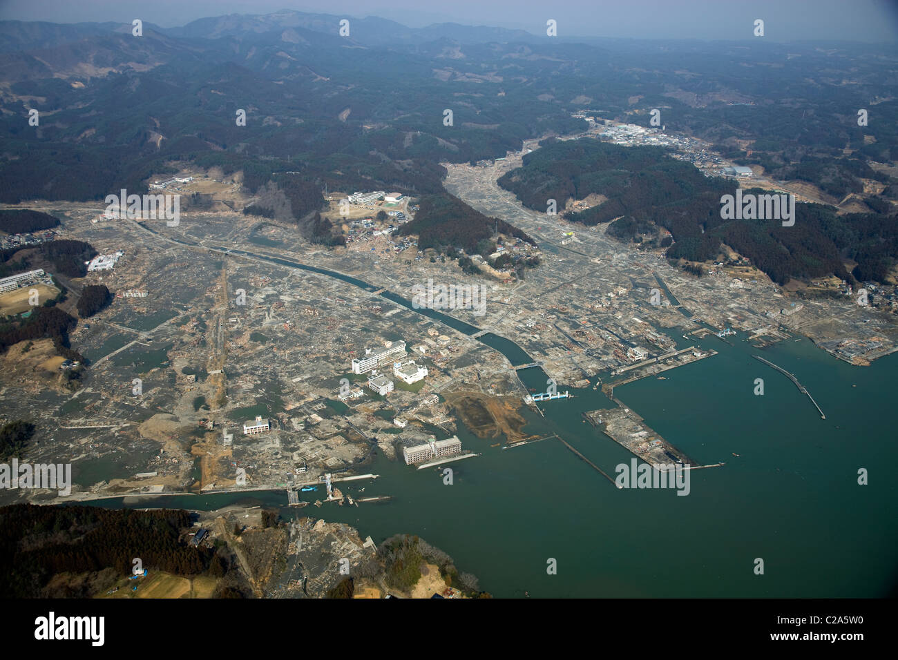 Aerial view of damage to Minamisanriku, Miyagi Prefecture after a 9. 0 magnitude earthquake and subsequent tsunami devastated Stock Photo