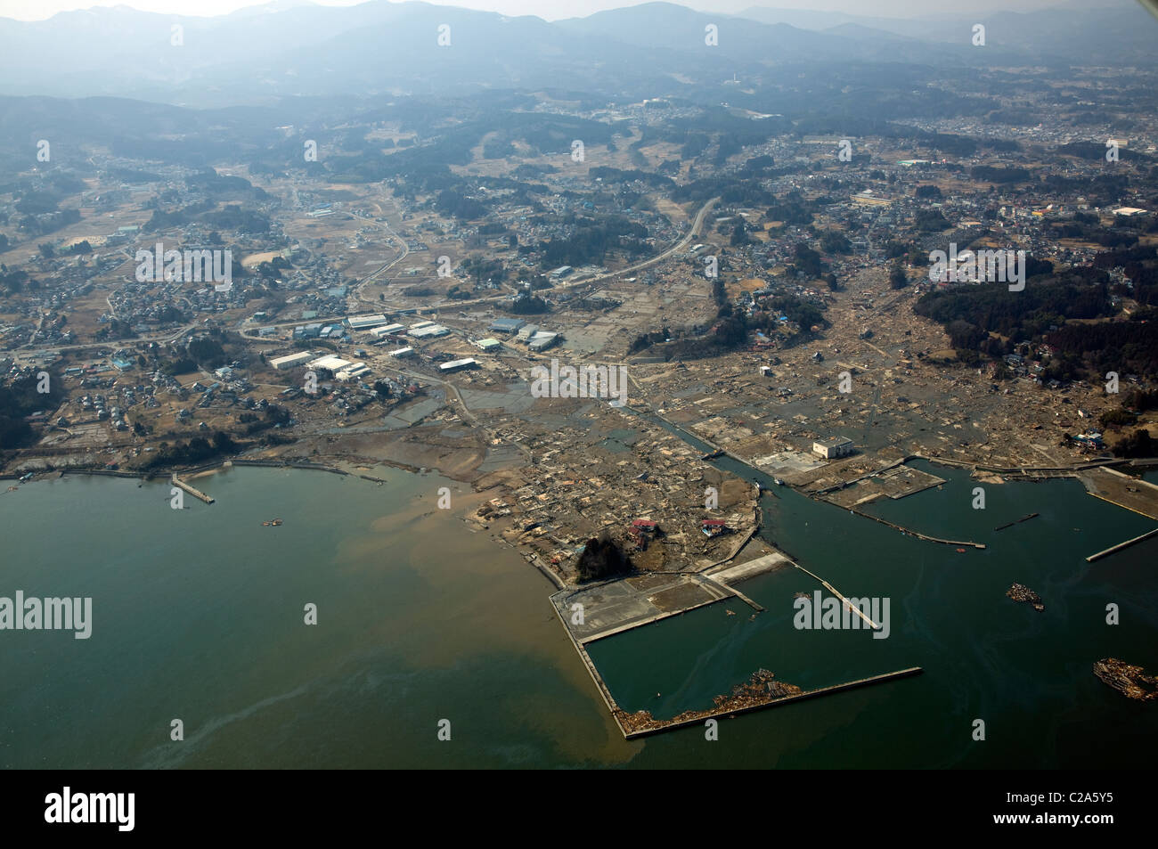 Aerial view of damage to Kesennuma, Miyagi Prefecture after a 9. 0 magnitude earthquake and subsequent tsunami devastated the Stock Photo