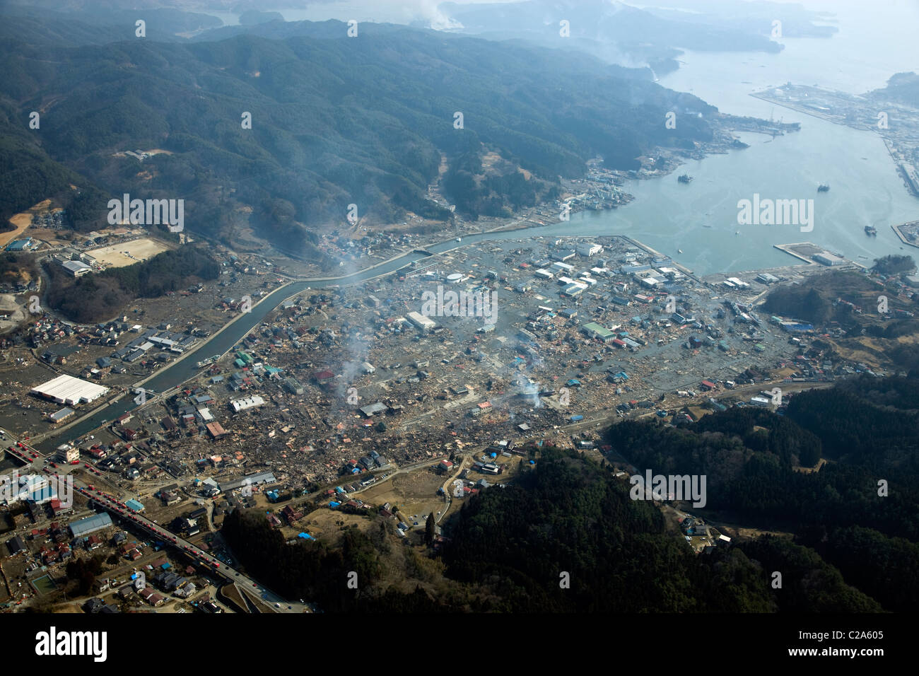 Aerial view of damage to Kesennuma, Miyagi Prefecture after a 9. 0 magnitude earthquake and subsequent tsunami devastated the Stock Photo