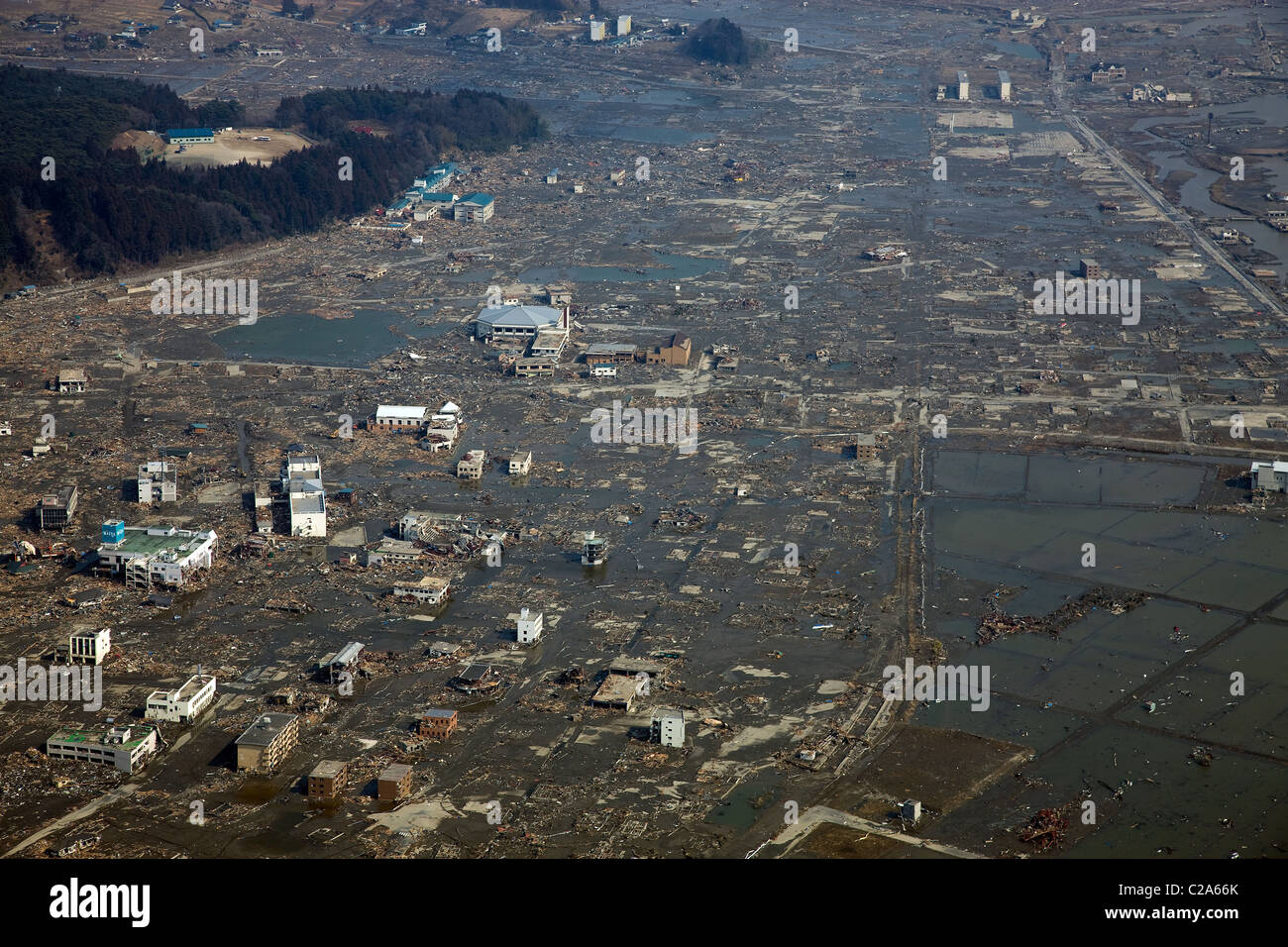Aerial view of damage to Rikuzentakata, Iwate Prefecture after a 9. 0 magnitude earthquake and subsequent tsunami devastated Stock Photo