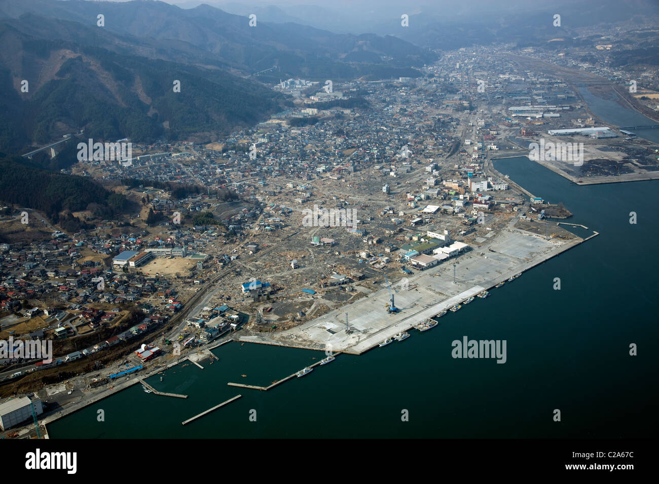 Aerial view of damage to Ofunato, Iwate Prefecture after a 9. 0 magnitude earthquake and subsequent tsunami devastated the area Stock Photo