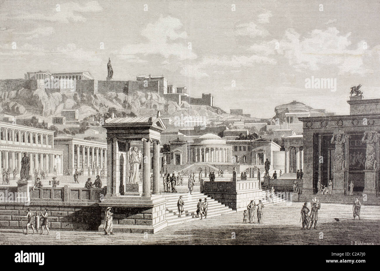 Imaginary view of the market place, or Agora in Athens, ancient Greece. Stock Photo