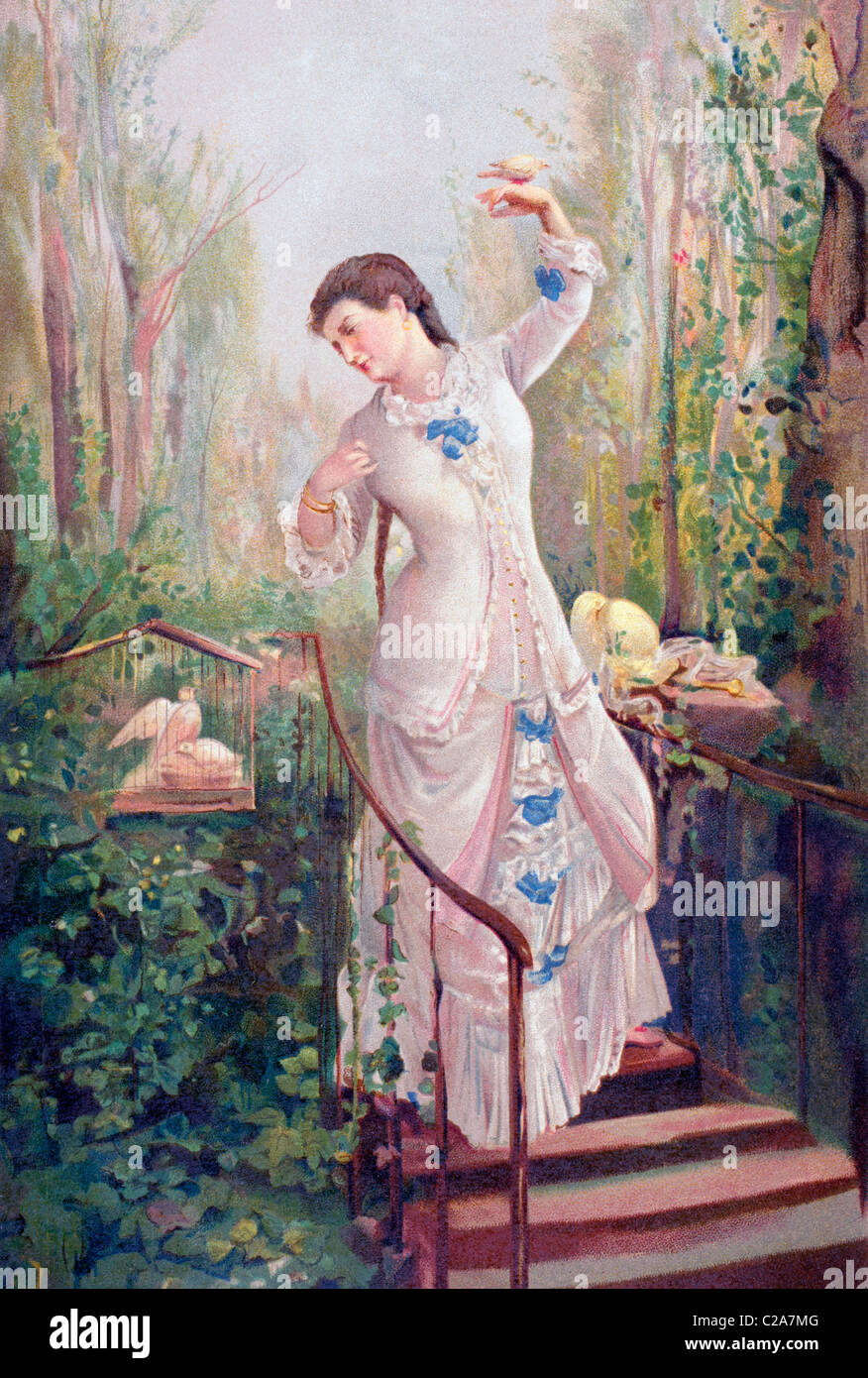 A 19th century woman in a garden with turtledoves. After the painting La Tórtola Madre, by Ramon Marti y Alsina. Stock Photo