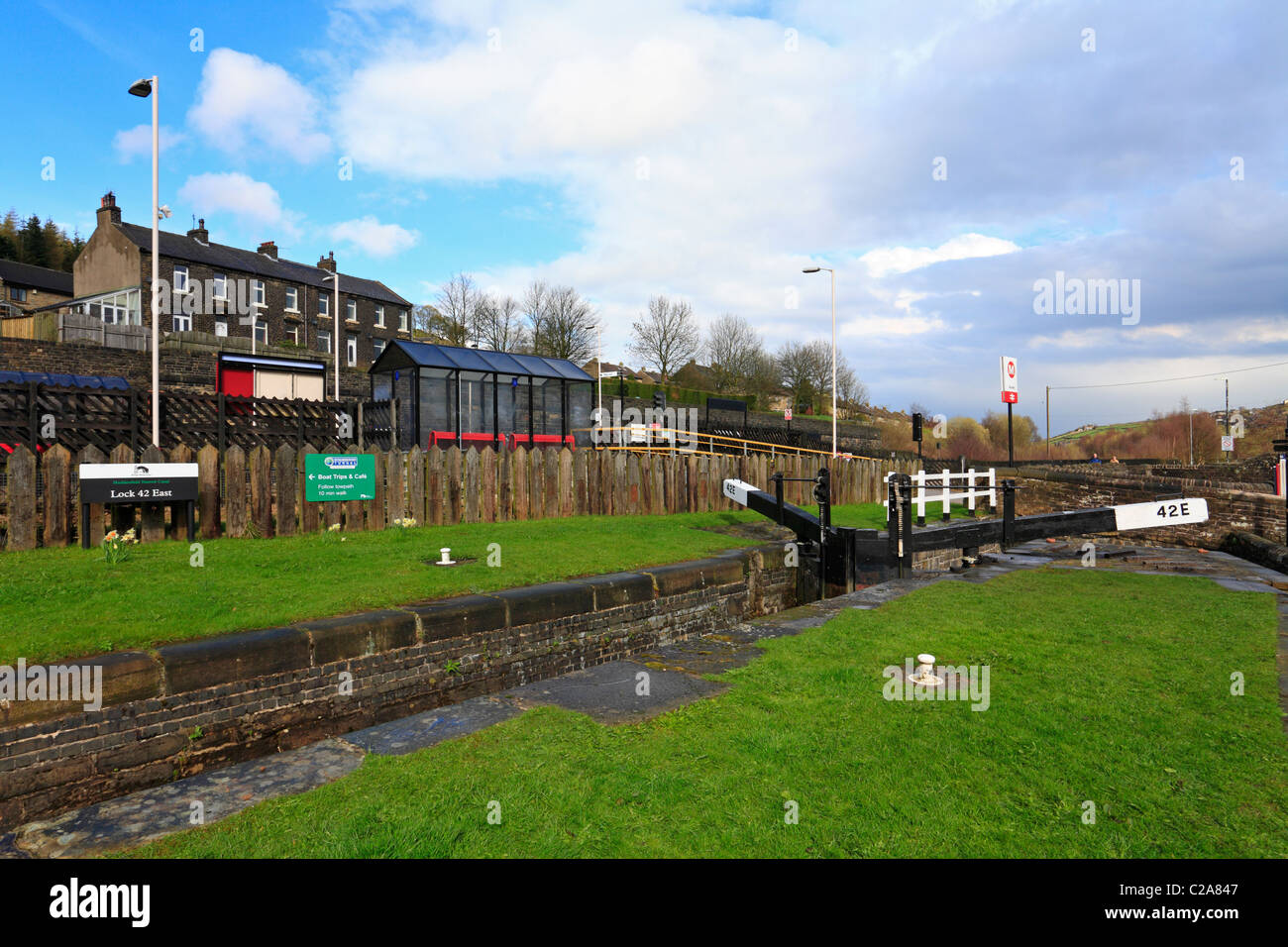 Marsden Train Station and a lock on the Huddersfield Narrow Canal, marsden, West Yorkshire, England, UK. Stock Photo