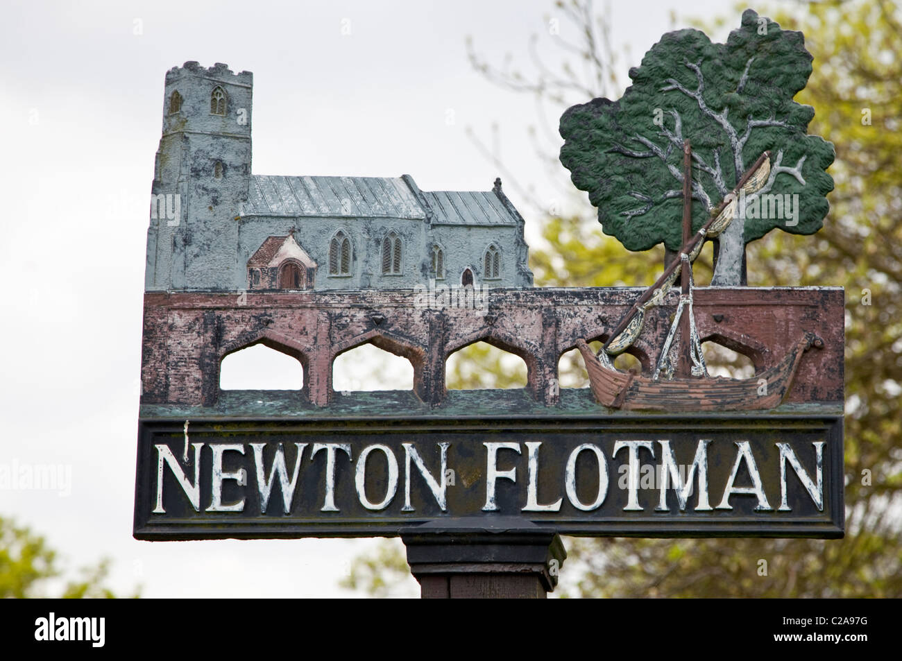 Village sign, Newton Flotman, Norfolk, Stock Photo