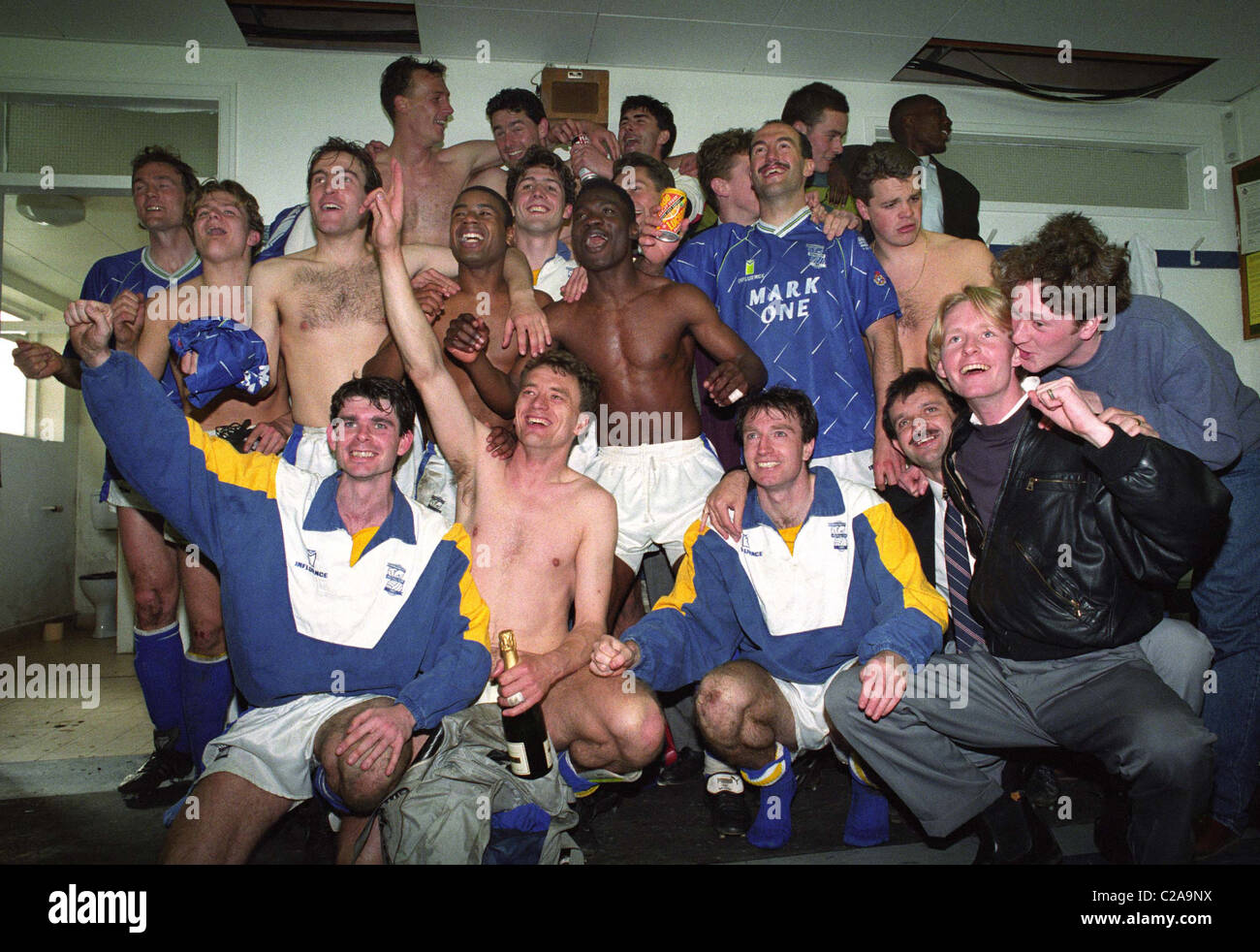 Birmingham City Football Club players celebrate promotion after beating Shrewsbury Town 1-0 25/4/1992 Stock Photo