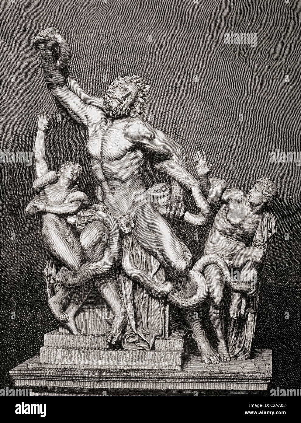 Illustration after the statue Laocoön and his Sons, attributed to sculptors Agesander, Athenodoros and Polydorus from Rhodes. Stock Photo