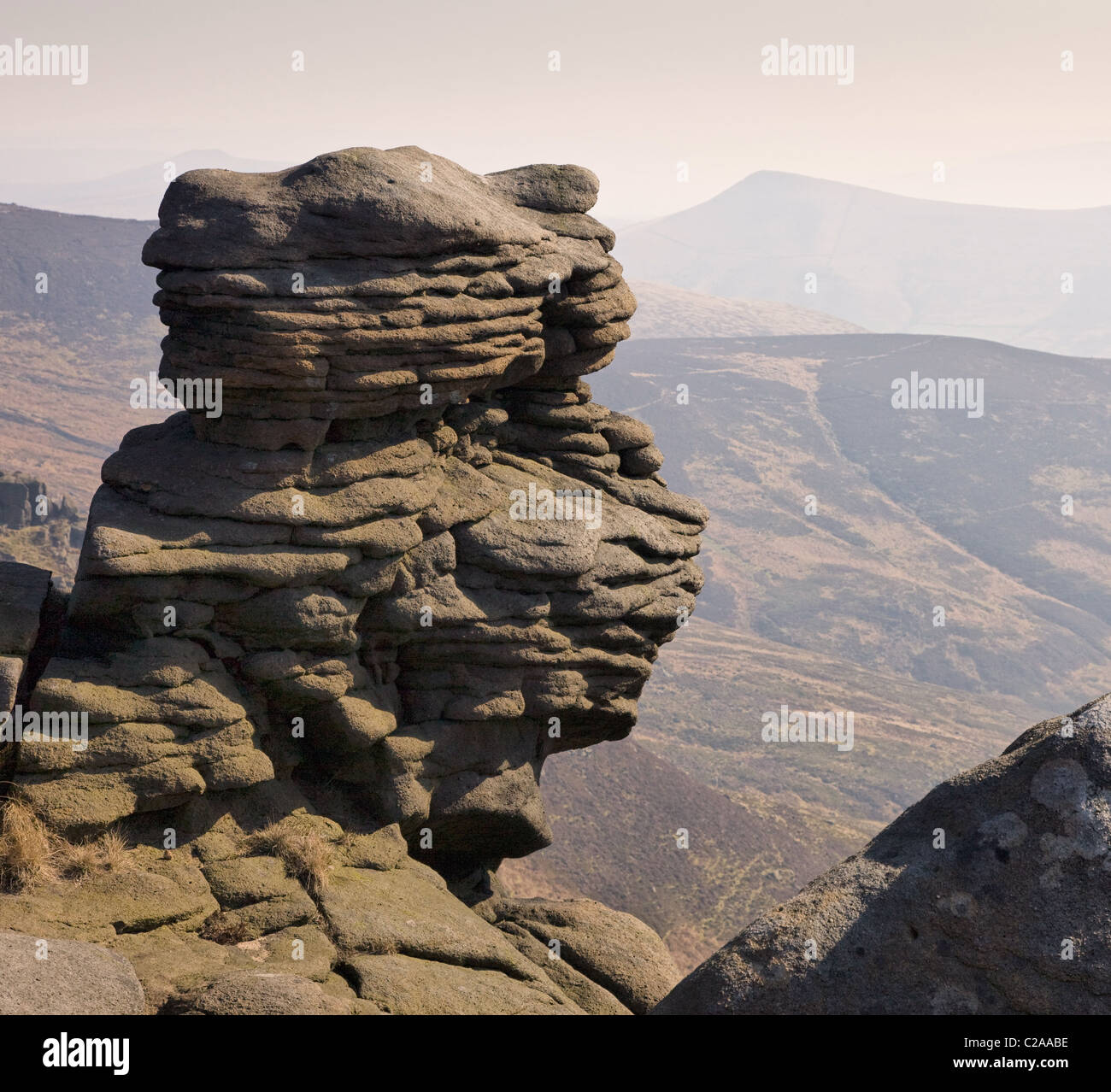 Weathered stones on Upper Tor overlooking Grindsbrook and Lose Hill on Kinder Scout Edale in the Derbyshire Peak District Stock Photo