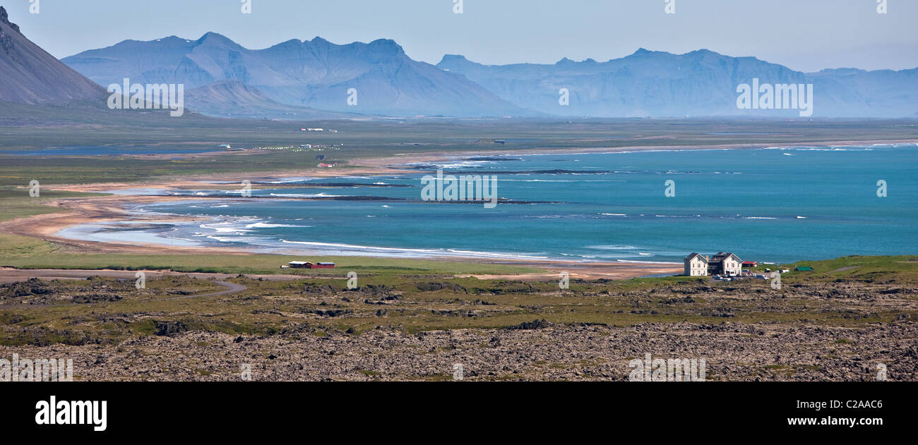 Coastline with remote Hotel Budir, Snaefellsnes Peninsula, Iceland Stock Photo