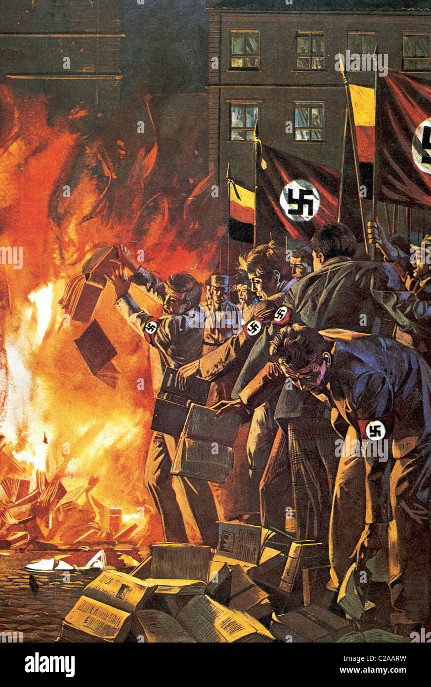Nazism. Burning of books unrelated with the regime. Drawing. Stock Photo