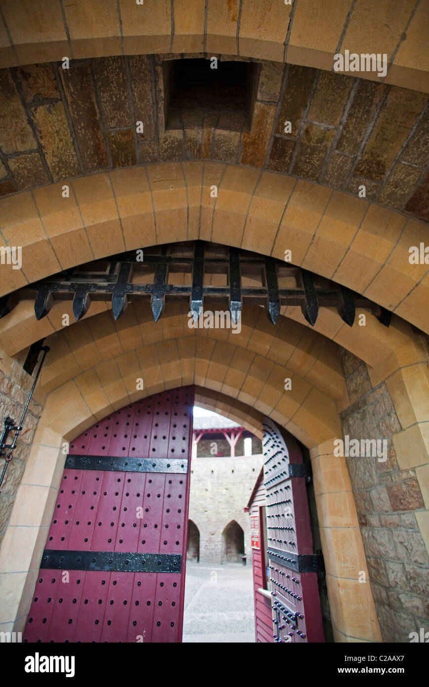 Exterior view of entrance strong door with portcullis Gate Medieval Castle, Castell Coch Cardiff