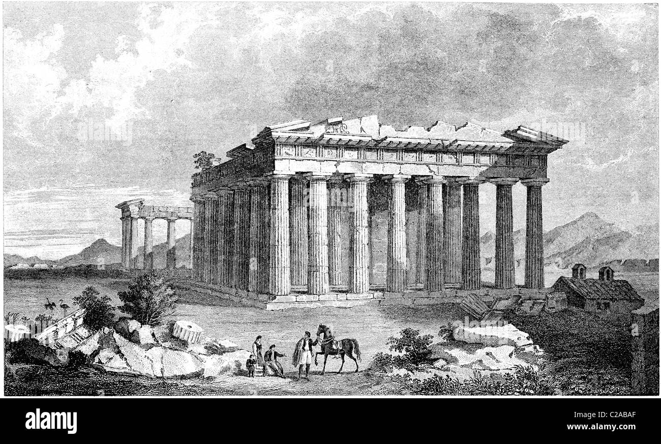 19th Century book illustration, taken from 9th edition (1875) of Encyclopaedia Britannica, of the Parthenon in ruins Stock Photo