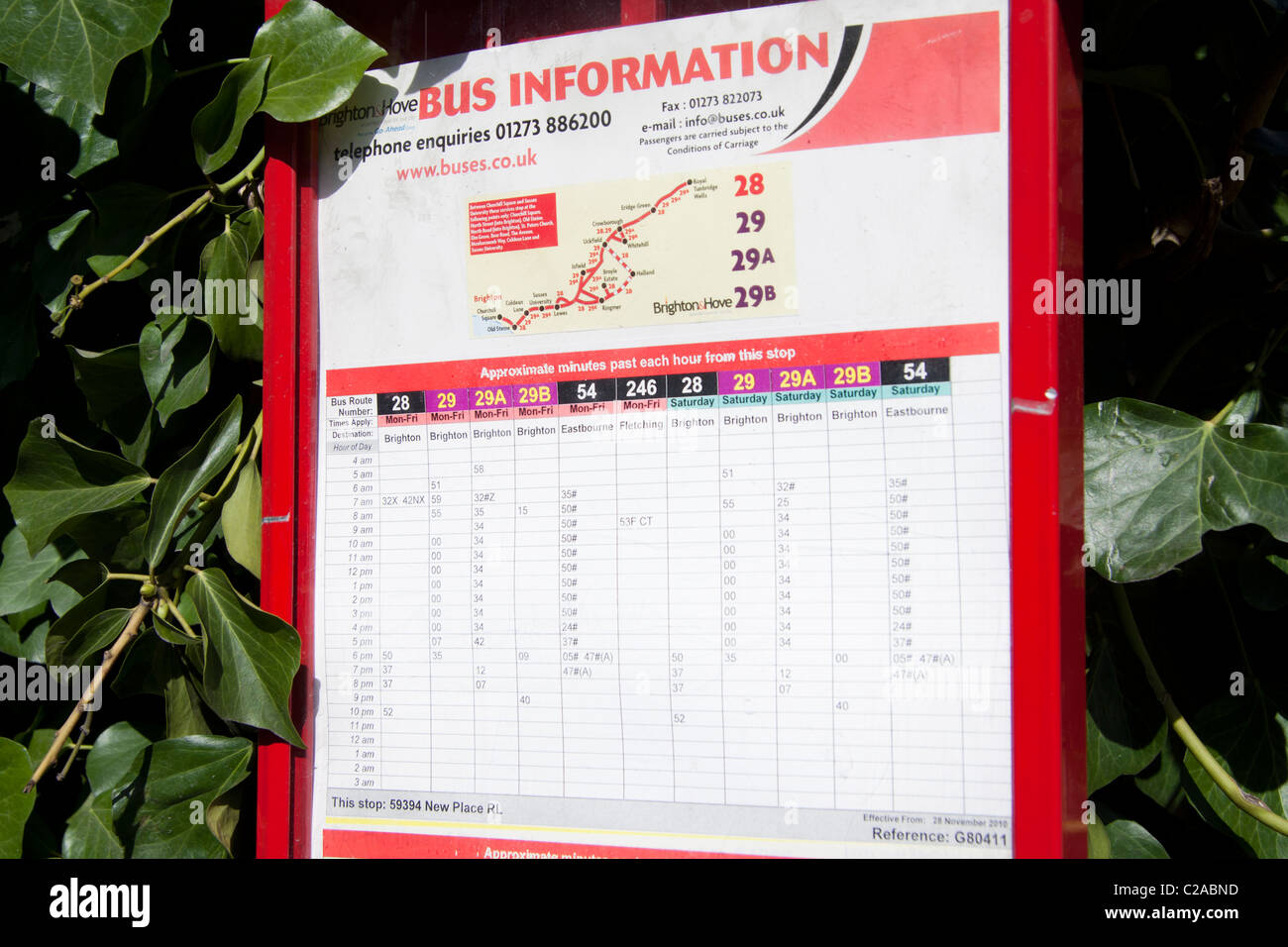 A rural bus timetable in Uckfield, Sussex for the Brighton to Tunbridge Wells route which runs services half hourly Stock Photo