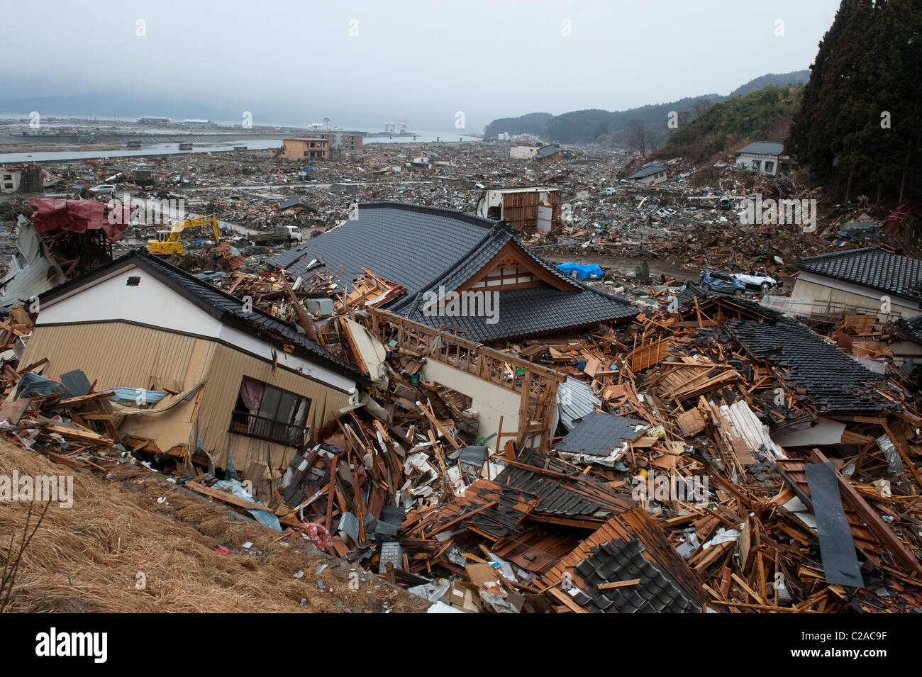 Thousands of homes destroyed after a 9.0 Mw earthquake triggered a Tsunami leaving many homeless in the town of Ofunato, Iwati Stock Photo