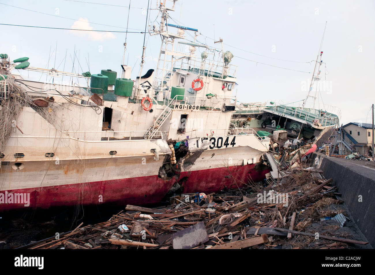 The destroyed coastal town after a 9.0 Mw earthquake triggered a Tsunami in the town of Kesennuma , Miyagi Prefecture, Japan Stock Photo