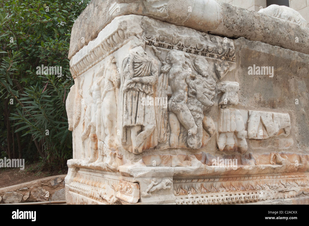Close up of ancient Greek carvings outside the museum at Delphi, Greece. Stock Photo