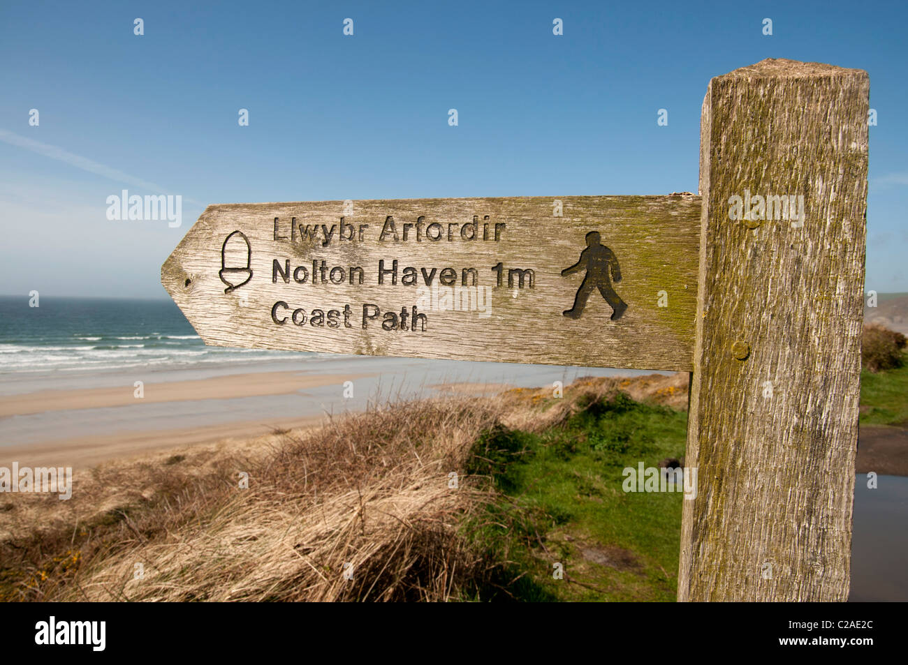 wooden pathway sign post to Newgale beach Pembrokeshire Wales UK Stock ...