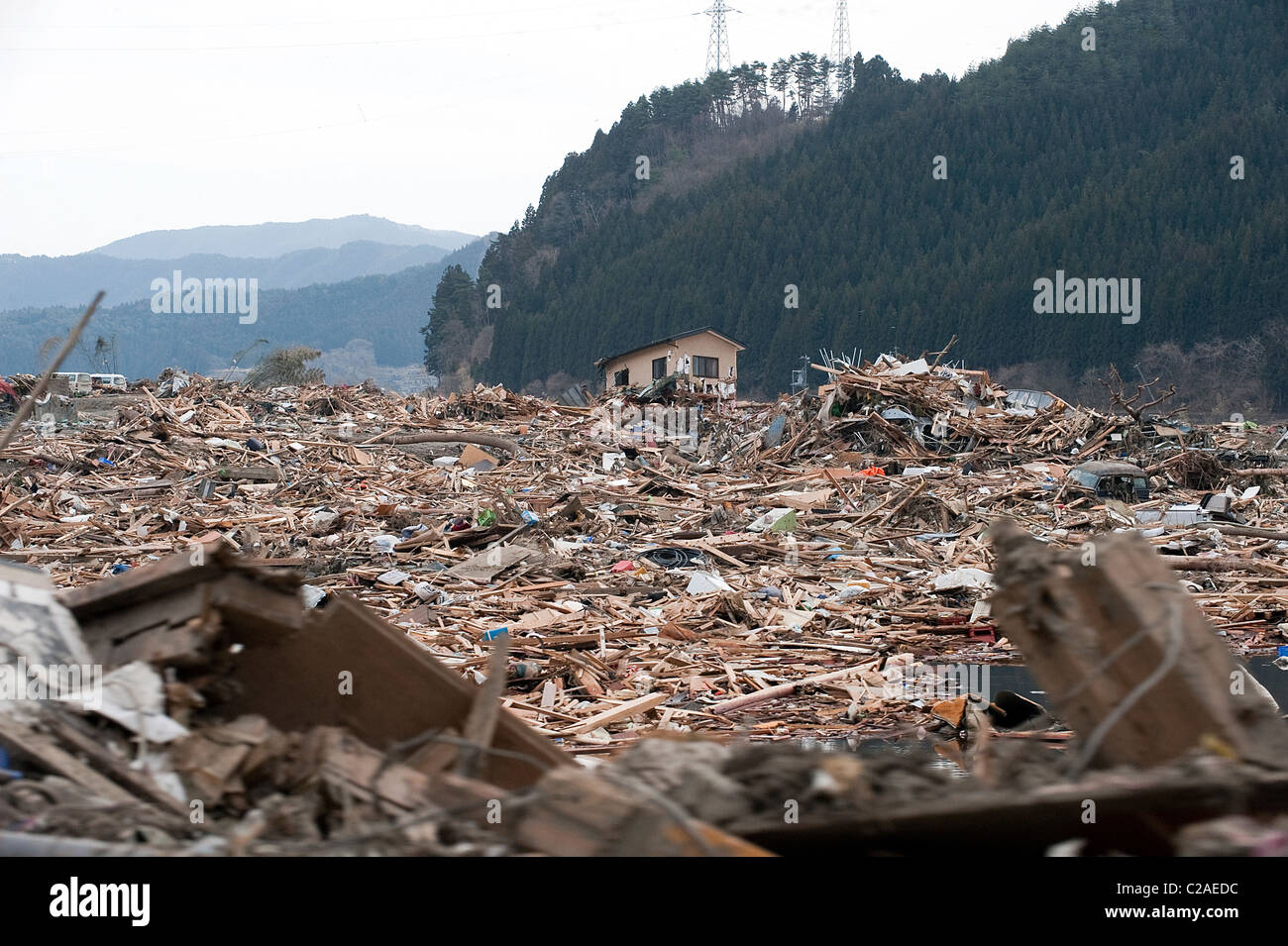 Tsunami leaving many homeless in the town of Ofunato, Iwati Prefecture, Japan on Thursday, 24th March, 2011. Stock Photo