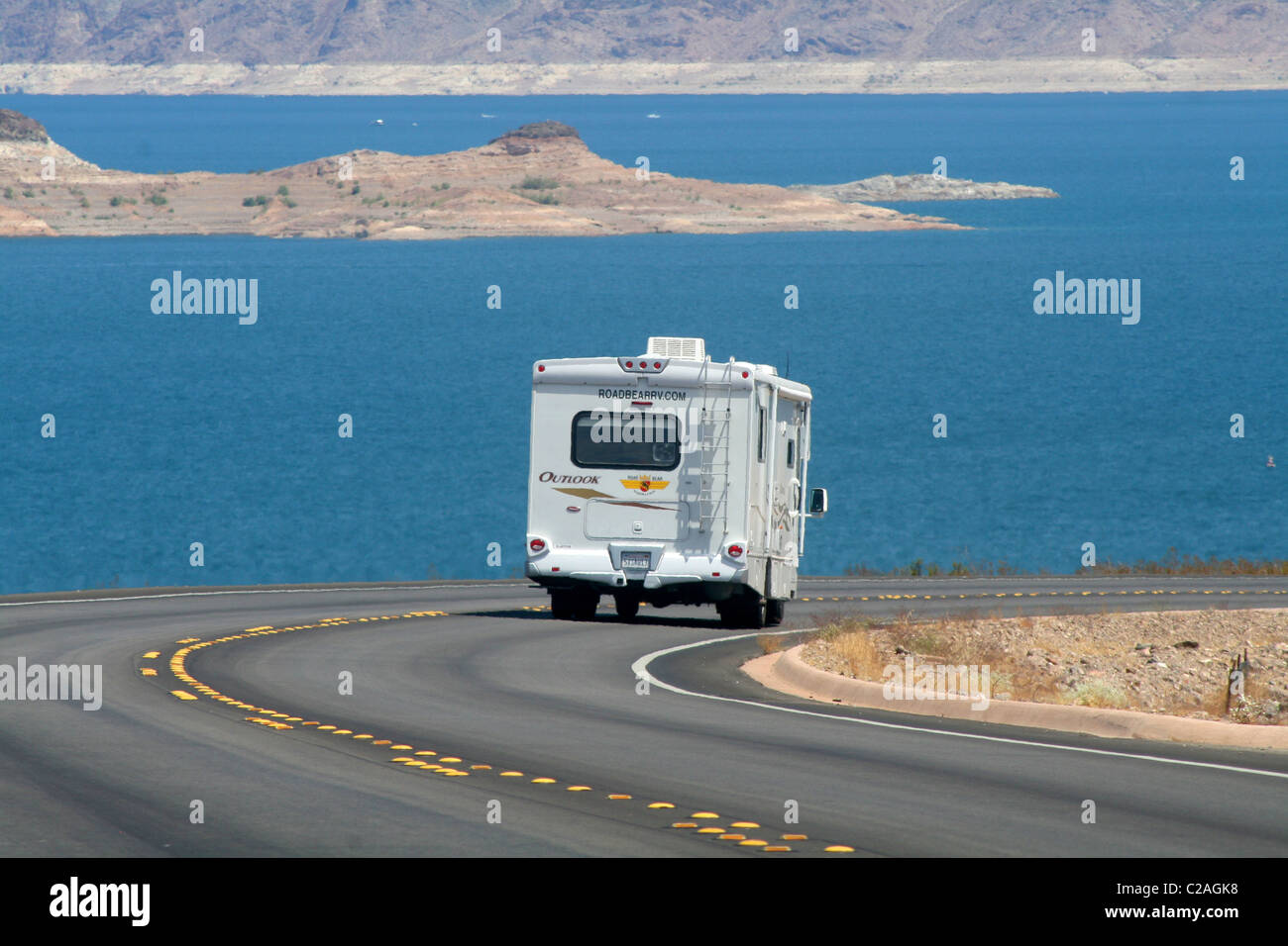 Motorhome on highway at Lake Mead National Recreation near Las Vegas Area Nevada Stock Photo