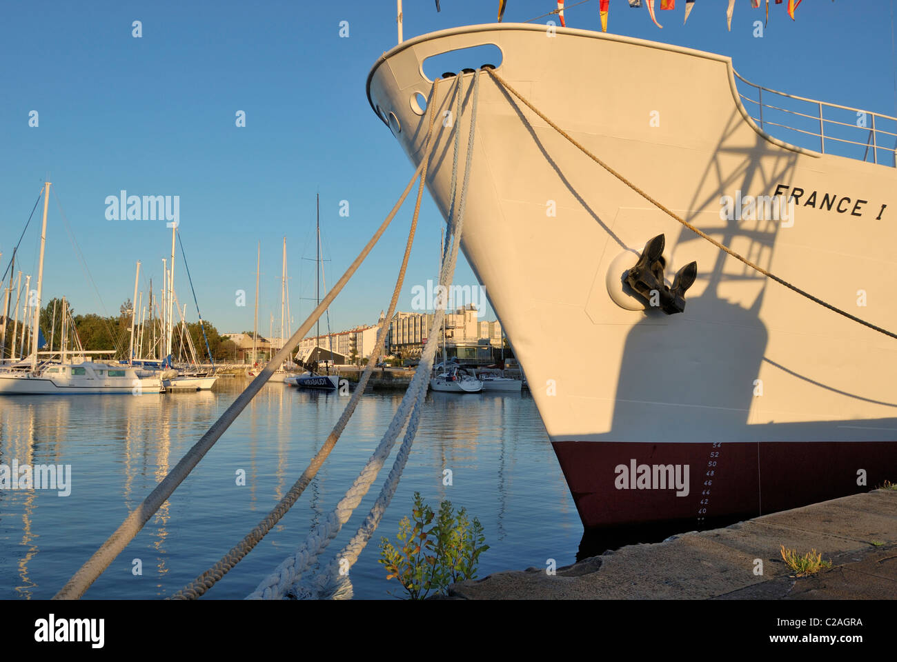 Bow of the Maritime Museum ship French 1 docked in the old harbor of La Rochell,  Charente-Maritime France Stock Photo