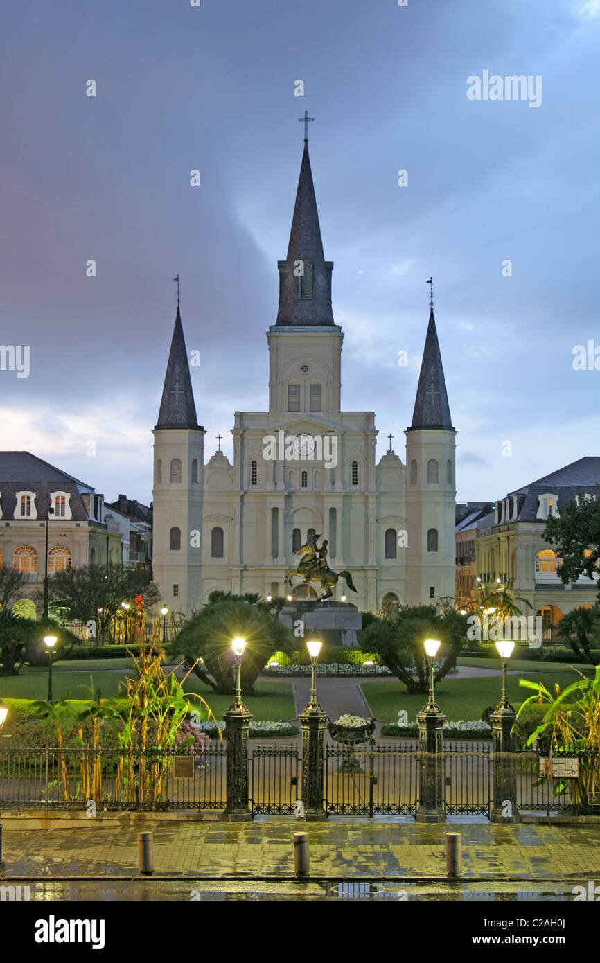 Rainy evening lighting St. Louis Cathedral at Jackson Square French Quarter New Orleans Louisiana Stock Photo