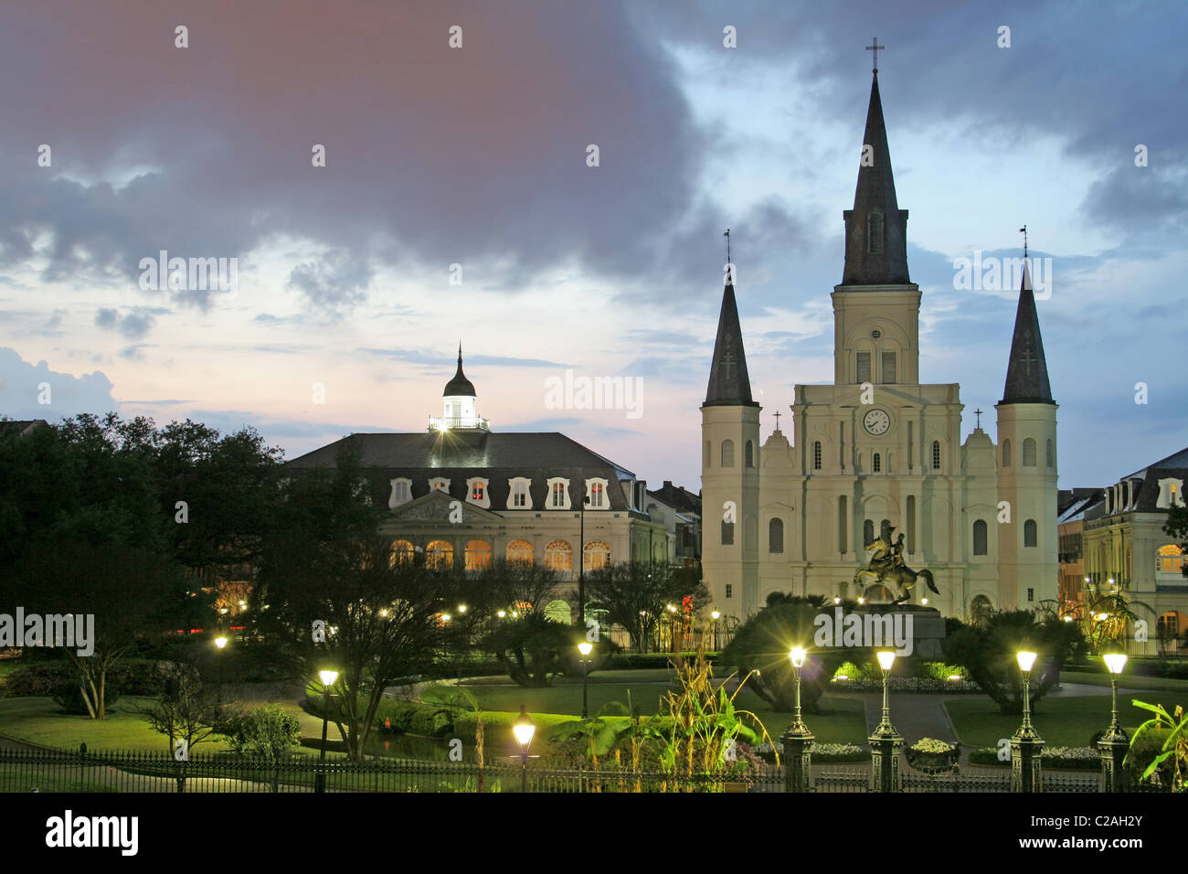 Evening lighting St. Louis Cathedral Jackson Square New Orleans Louisiana Stock Photo