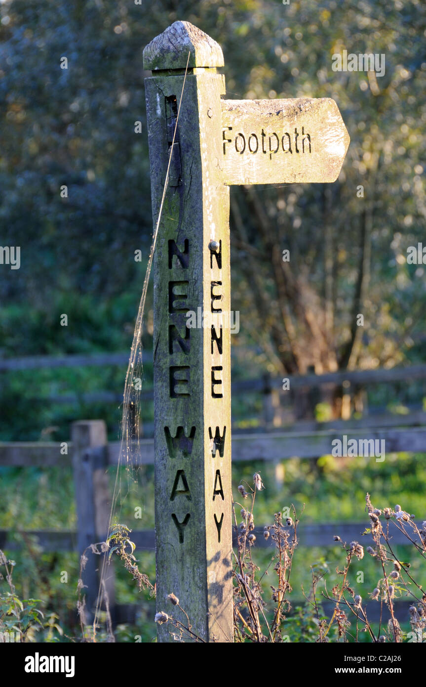 Footpath sign on the Nene Way long distance footpath, in Wadenhoe, Northamptonshire, England Stock Photo
