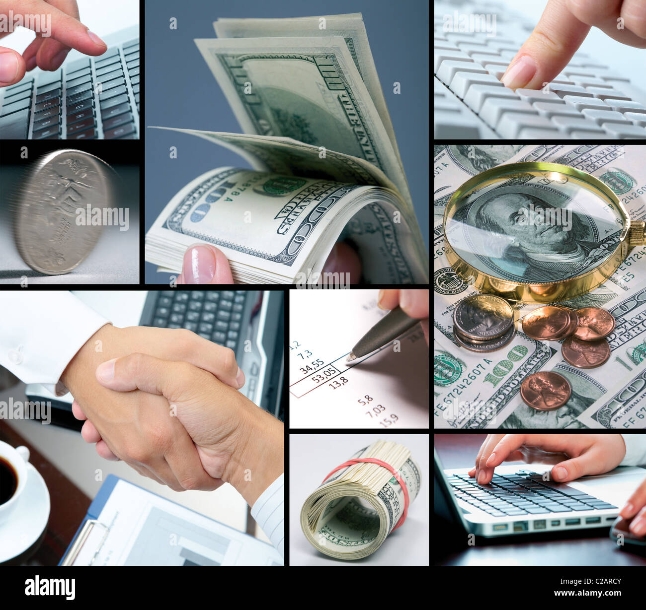 Collage of different banknotes, coins, human hands and technology Stock ...