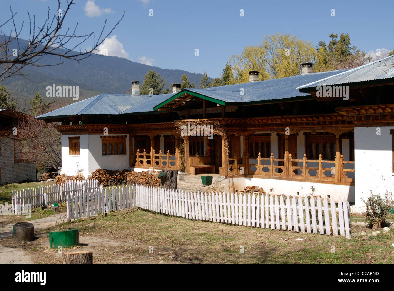 Building of the Swiss Farm, Bumthang, central Bhutan Stock Photo