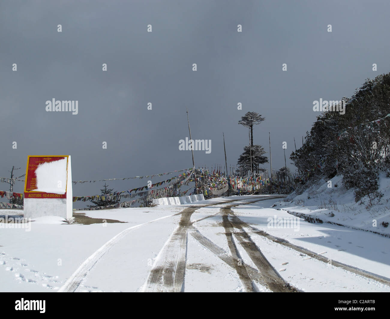 Roas in the snow, sign and prayer flags at Thrumshingla Pass, the border between central and eastern Bhutan Stock Photo